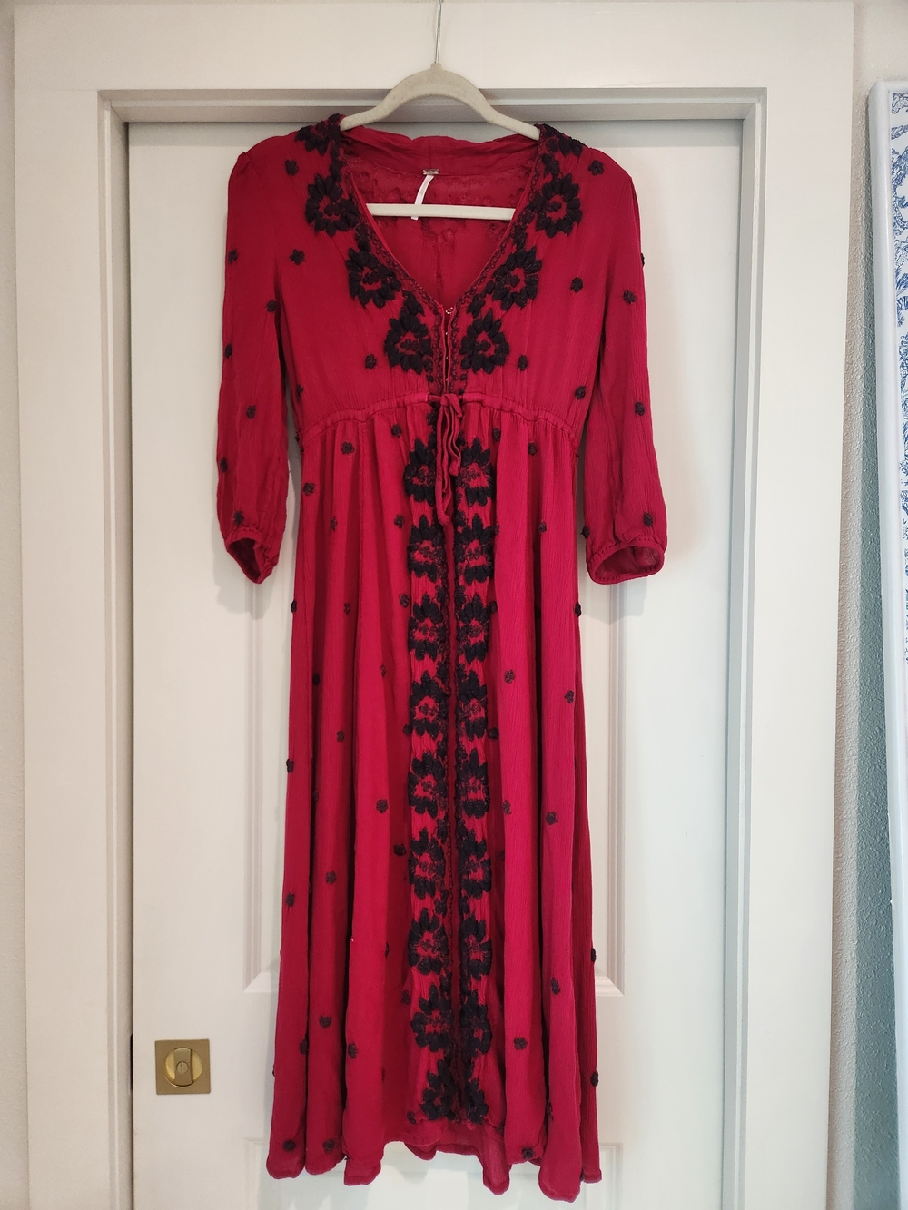 Free People Red Maxi Dress with Black Embroidery XS